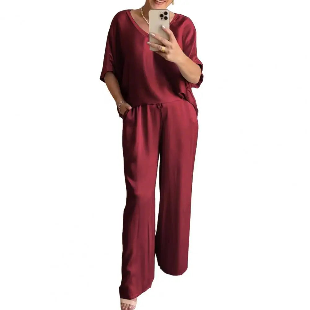 Summer Short-sleeved T-shirt Two-piece Set For Women V-neck Top Pullover Wide-leg Pants Suit For Women Spring Loose Satin Suit