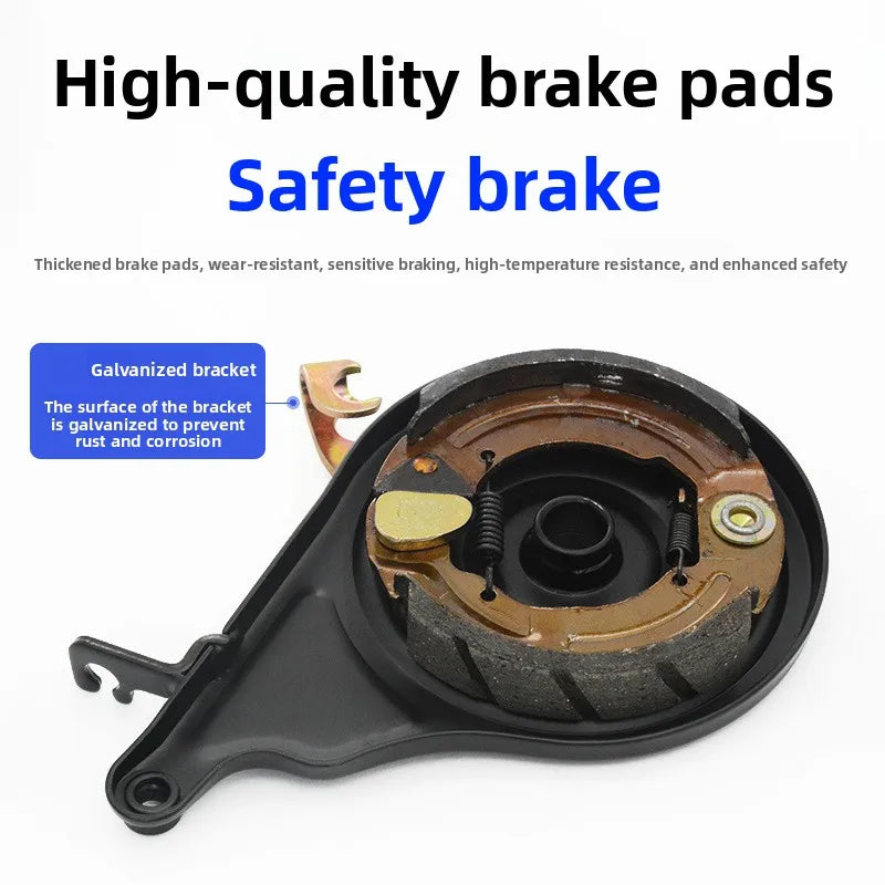 Electric scooter with 110-volt motor and integrated rear brake, electric motorcycle drum brake, tensioning assembly.
