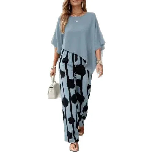 2026 Spring Summer New Comfort Crew Neck Short Sleeve Striped Print Wide Leg Pants 2-Piece Outfit Set