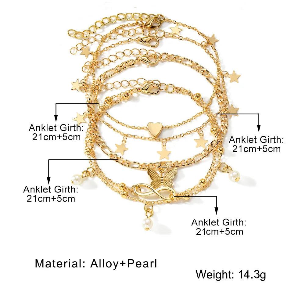 Bohemia Butterfly Anklet Set for Women Star Heart Pearl Charm Ankle