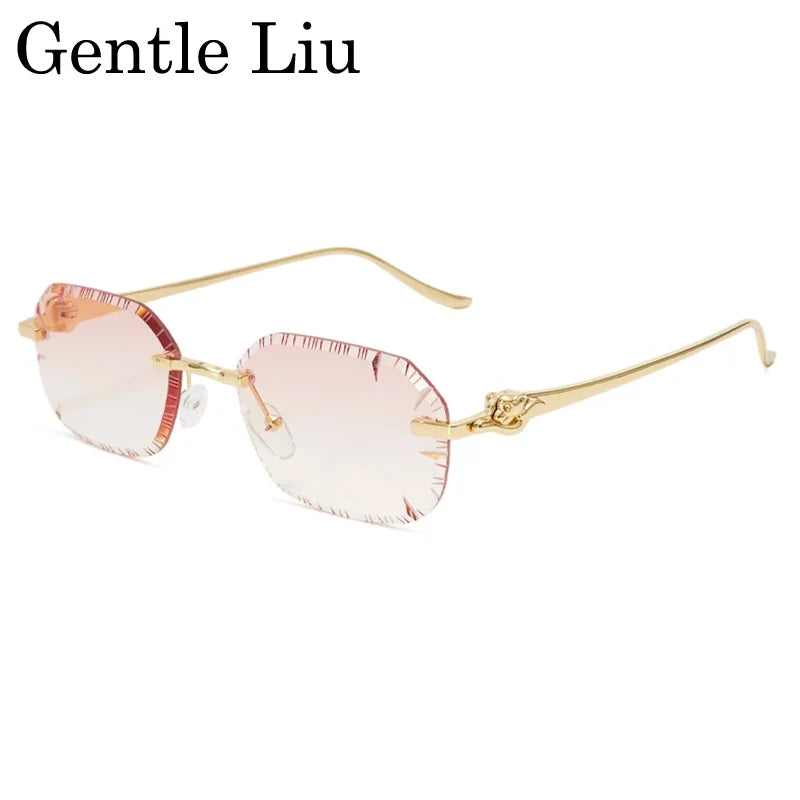 Small Rectangle Punk Rimless Sunglasses Men 2026 Luxury Designer Leopard Head Frameless Cut Edge Shades Retro Gold Metal Eyewear