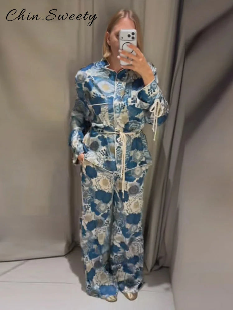 Casual Women's Printed Blouses Pant Set Loose Long Sleeve Lapel Lace Up Blouse Wide Leg Pockets Pants 2026 Autumn Lady Suit