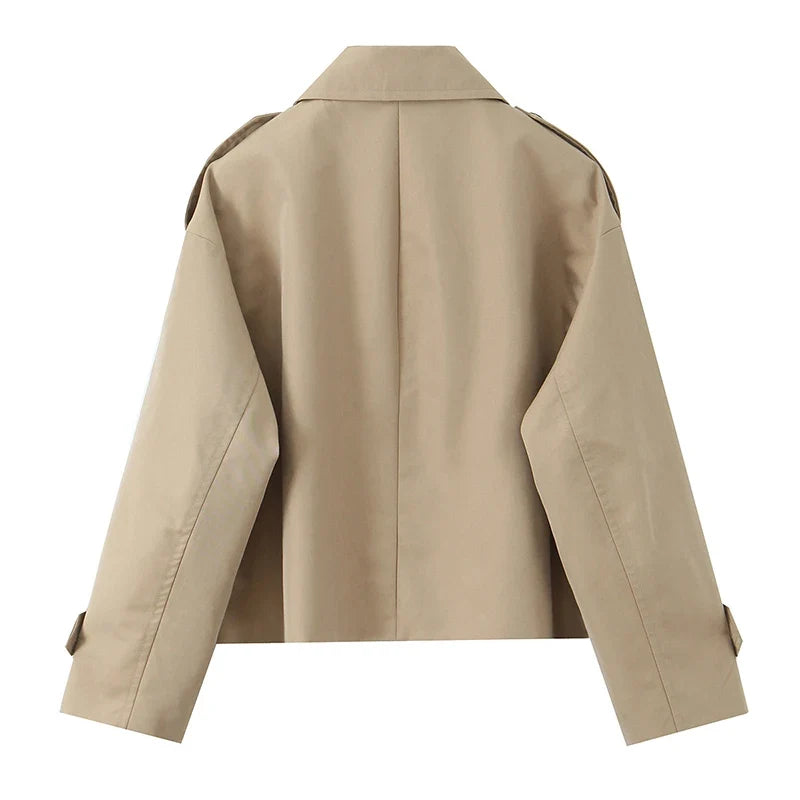 Willshela Women Fashion Khaki Double Breasted Short Trench Jacket Vintage Notched Neck Long Sleeve Female Chic Lady Coat Outfits