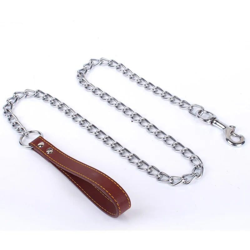 Metal Chain Dog Lead with Leather Style Handle Strong Control Leash Iron Dog Pets Supplies Collars Harnesses Chain Traction Rope