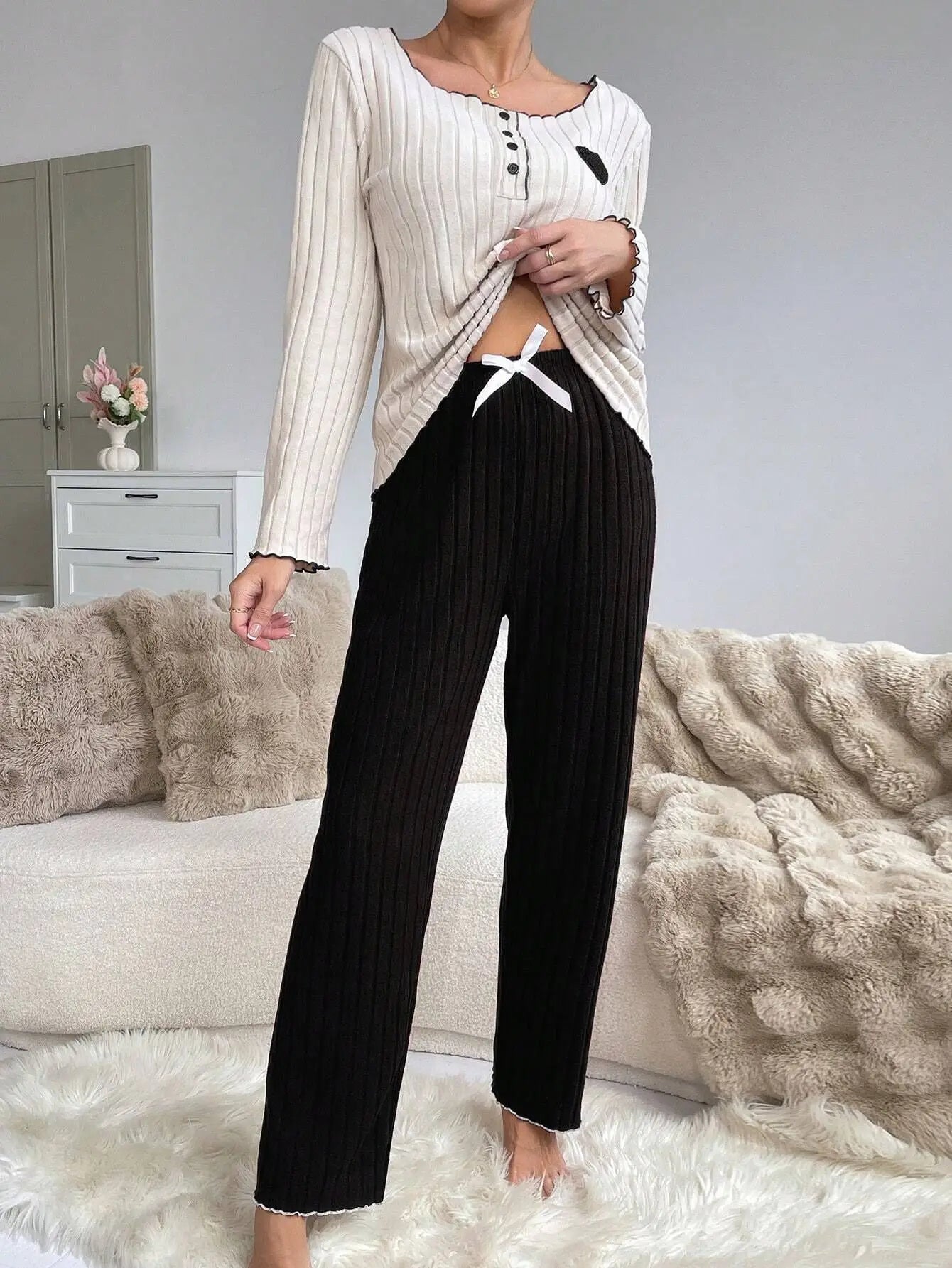 Women Autumn Winter Sleepwear Casual Long Sleeve Heart Printd Tops and Long Trousers Pajamas Set Homewear Loungewear