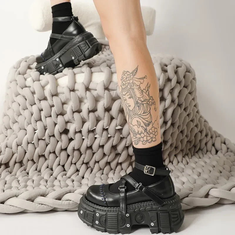 Gothic Mary Janes For Women Crossed-tied Ankle Strap Platform Shoes Round Toe Thick Bottom Female Shoes Punk Women Shoes 2026