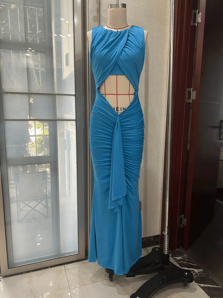 Sexy Hot Girl Party Dresses Solid Color Hollow Out Folds Package Hip Slim Sleeveless Long Dress Lady Club Parties Prom Vestidos