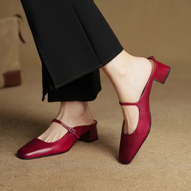 2026 New Summer Women Mules Genuine Leather Women Shoes Squared Toe med Heel Cover Toe Slingback Shallow Modern Slippers
