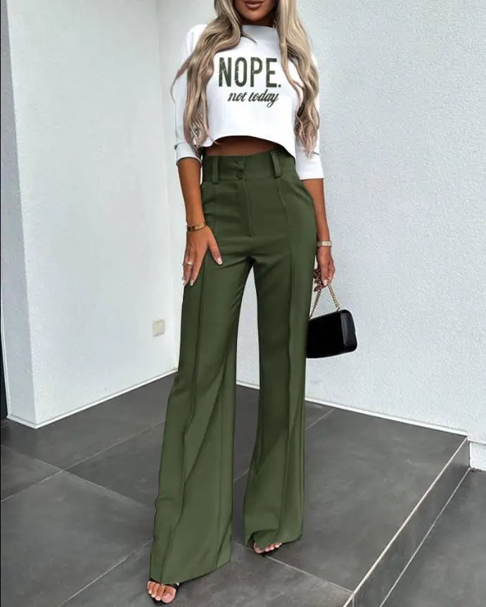 Casual Long Sleeve Shirt Pants Set Office Lady Spring Autumn Fashion Solid O-neck Tops Trousers Two Piece Set Women Outfit 2023