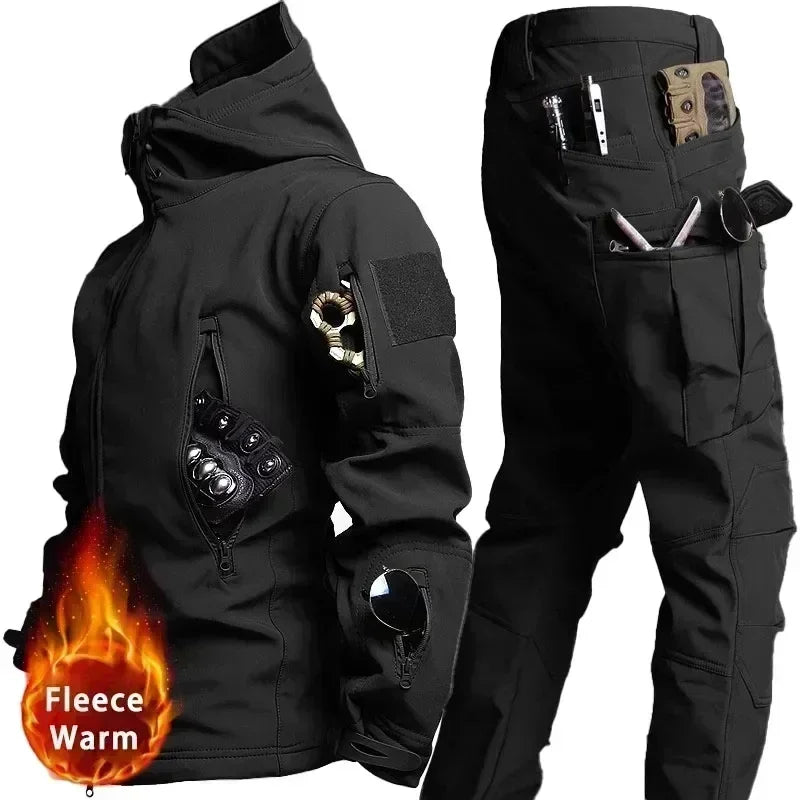 Camo Winter Tactical Sets Men Shark Skin Soft Shell Hooded Jacket+Multi-pocket Straight Cargo Pant 2Pcs Suits Waterproof Set