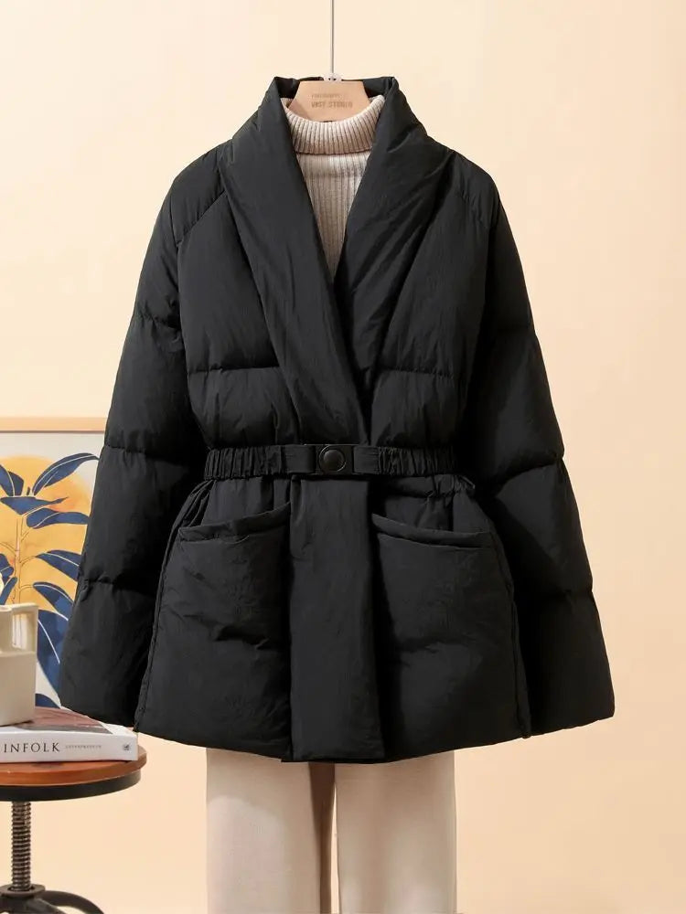 New Fashion Temperament Cotton Coat Women Winter Warm Solid Color V-neck Gathered Waist Jacket Coats Parkas with Belt