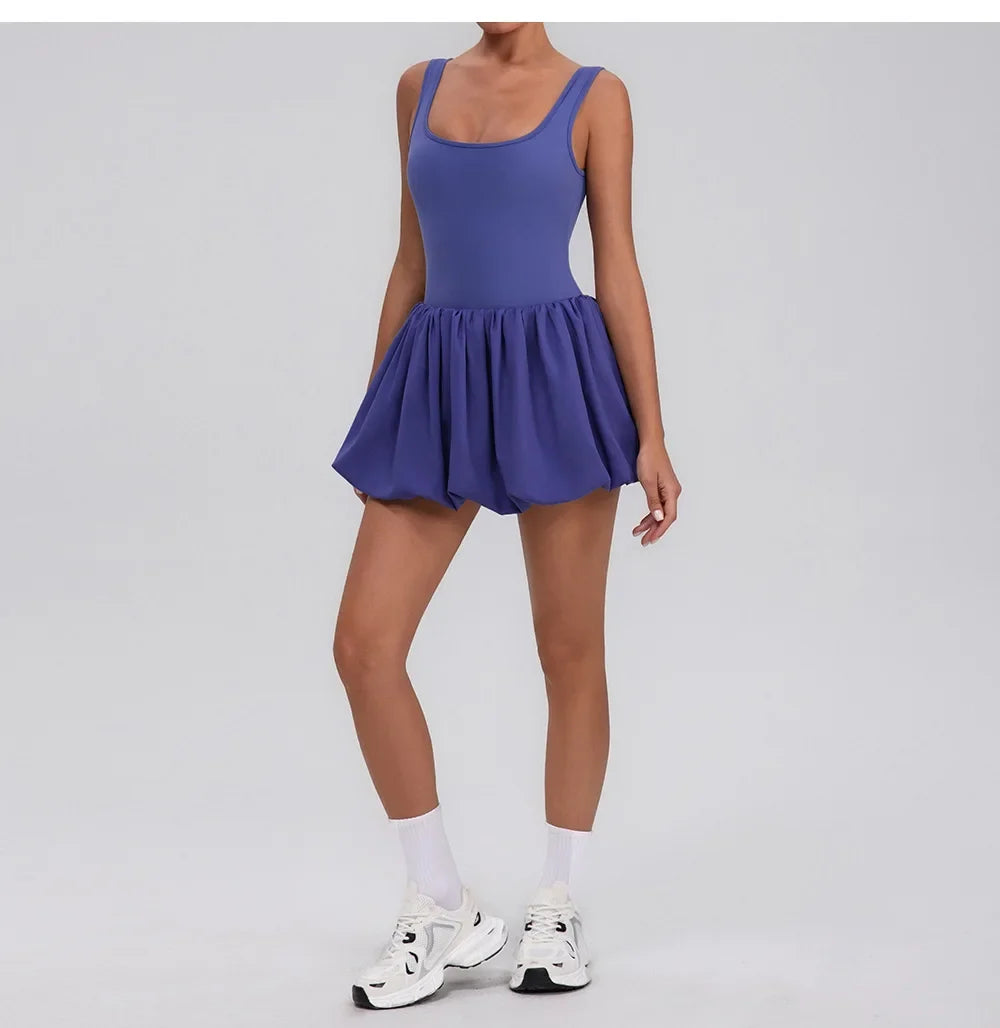 Summer One-piece Tennis Dress Women Fitness Fake Two-piece with Inner Separate Shorts Pockets Sleevesless Sports Pleated Skirt