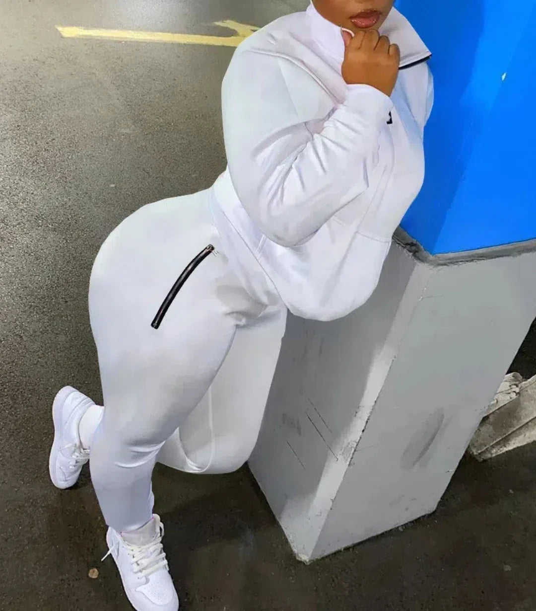 Two Piece Set Women Outfit Zip Detail Turn-Down Collar Long Sleeve Top & Ladder Cutout Pocket Pants Set 2023 Spring New Fashion