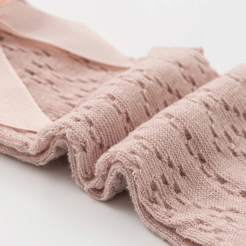Summer Baby Girls Socks Toddler Bow Long Sock Kids Knee High Soft Cotton Mesh Stocking Spanish Style Hollow Out Lace Socks 0-3Y