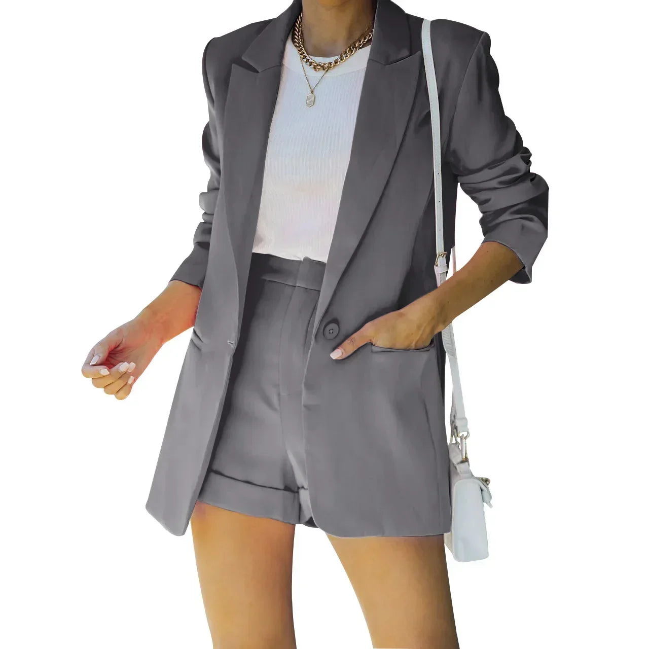 2026 Elegant Two Piece Blazer Suit Sets Women OL Office Sets Slim Cardigan Blazer Shorts Solid 2 Piece Set Casual Blazers Set