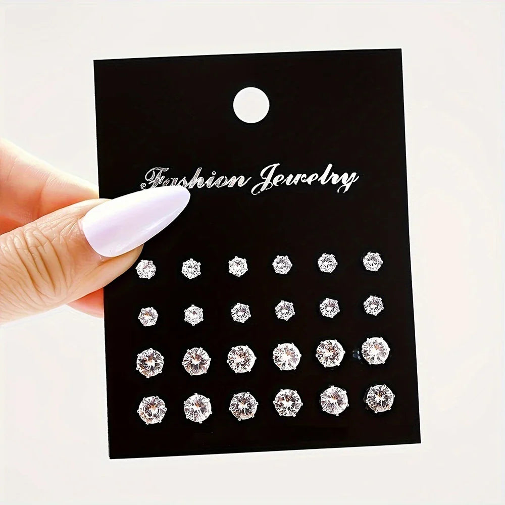 12/24/36 Pairs Shiny Zircon Stud Earrings Set Daily Versatile Chic