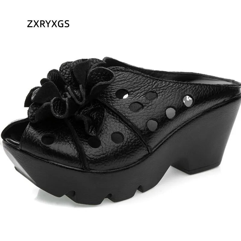2026 New Summer Thick Bottom Slope with High Heel Slippers Genuine Leather Sandals Flowers Hollow Women Shoes Fashion Sandals