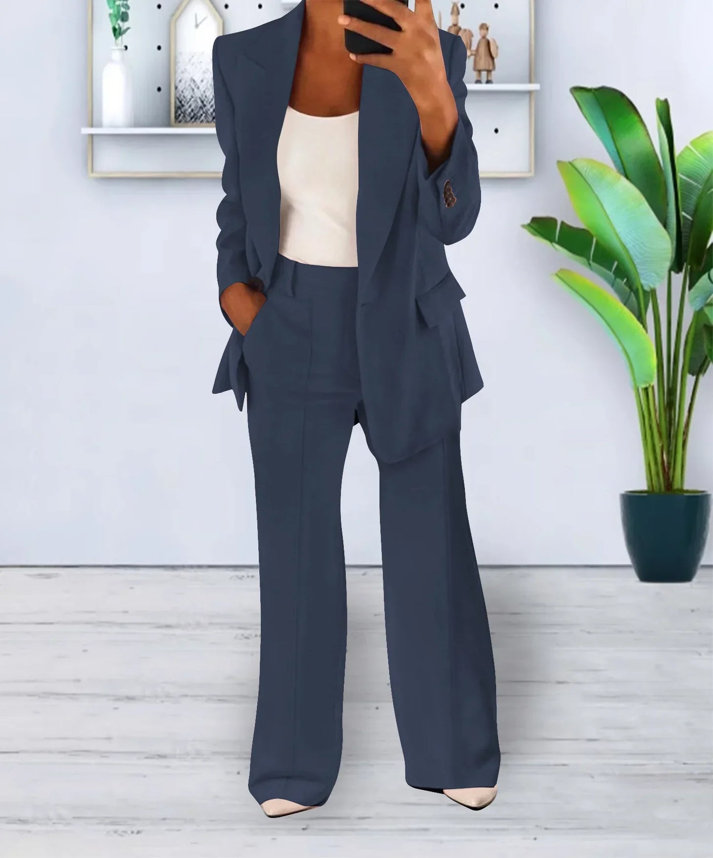Women Suits 2 Pieces Set Fashion Lapels Single-button Coat Straight Leg Slim Pants Elegant Commuter Casuals Outfit Available 5XL