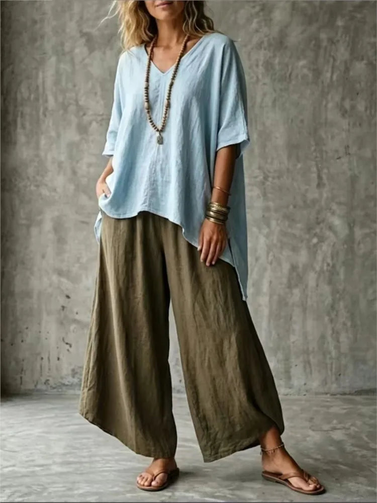 Summer New Loose Retro Short-sleeved T-shirt Trousers 2-piece Set Women's Fashion Irregular Top + Wide-leg Trousers Set Female