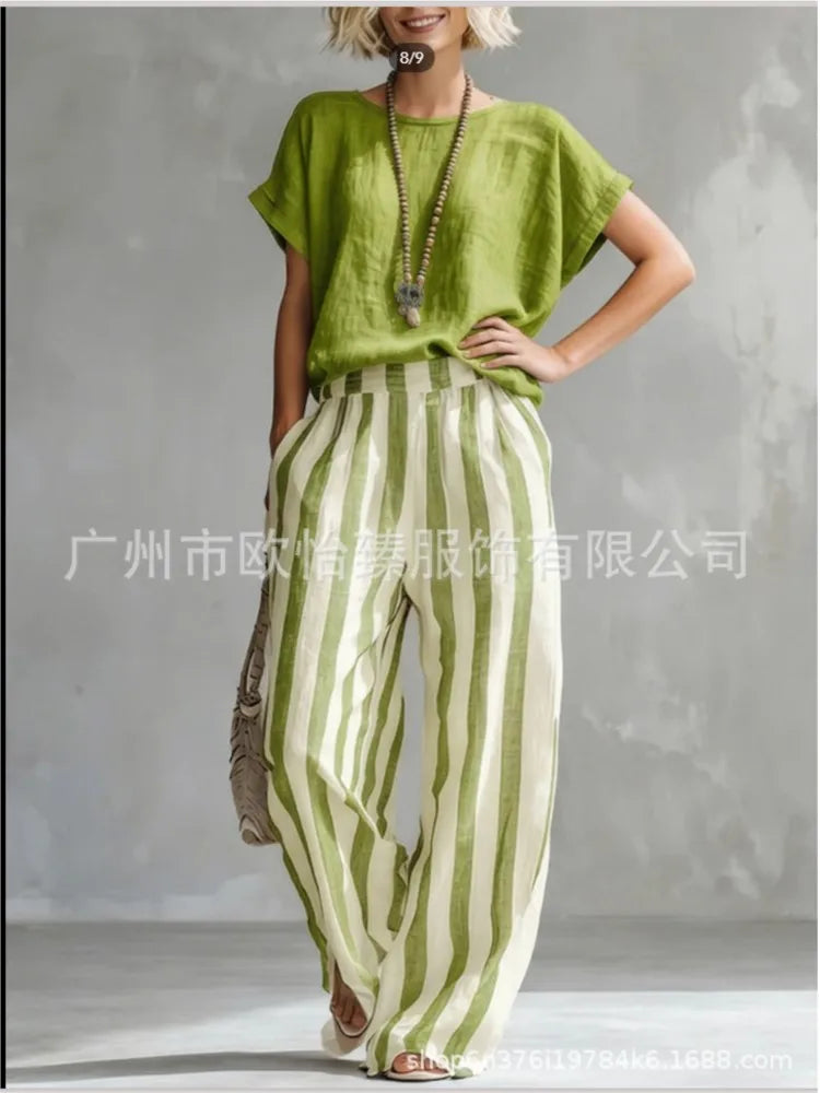 Fashion Linen Printed Striped Trousers Short-sleeved Women 2piece Set Summer New Retro Loose Wide-leg Trousers Female Casual Set