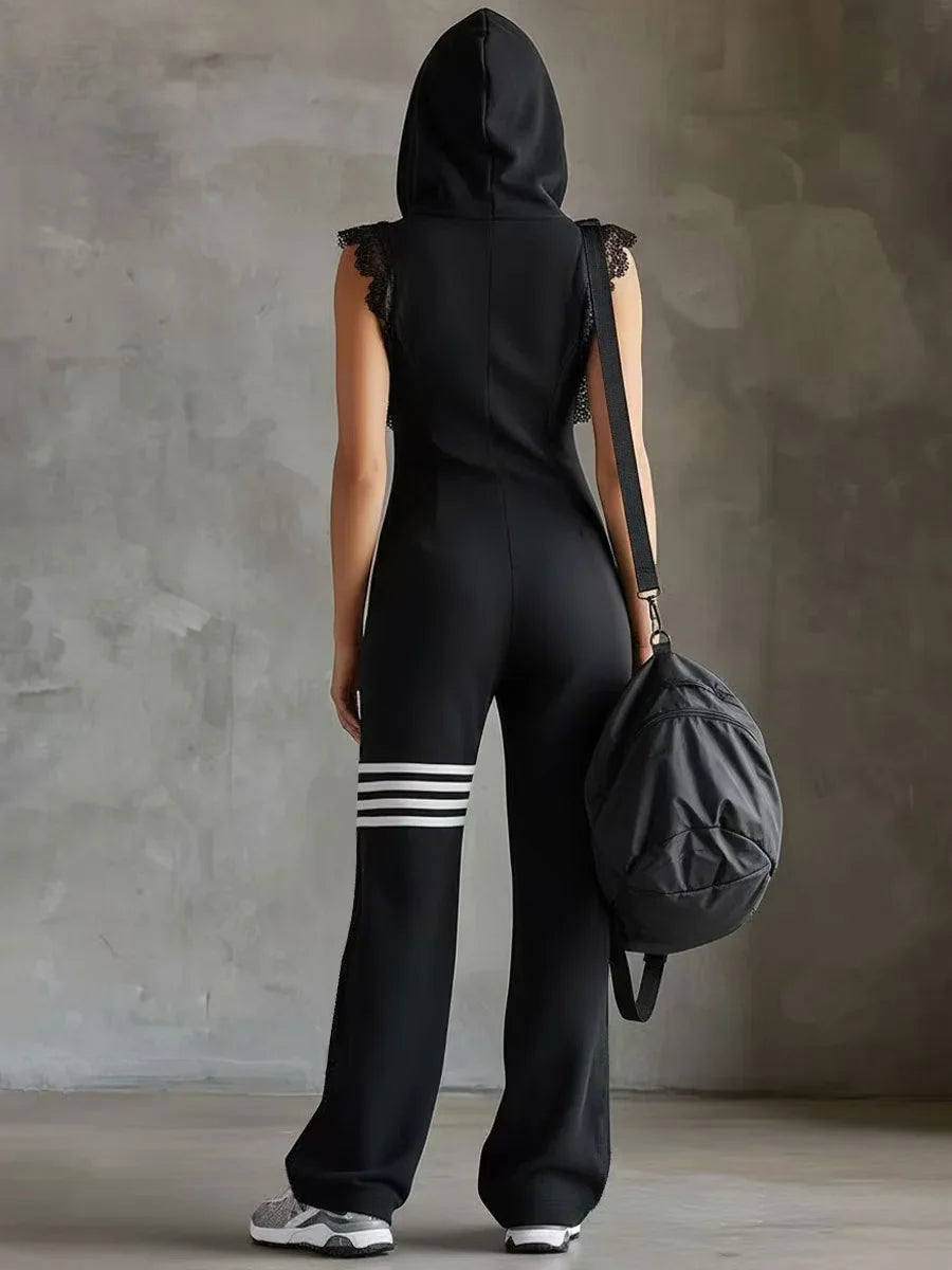 Women’s Retro Stripe Hooded Lace Jumpsuit