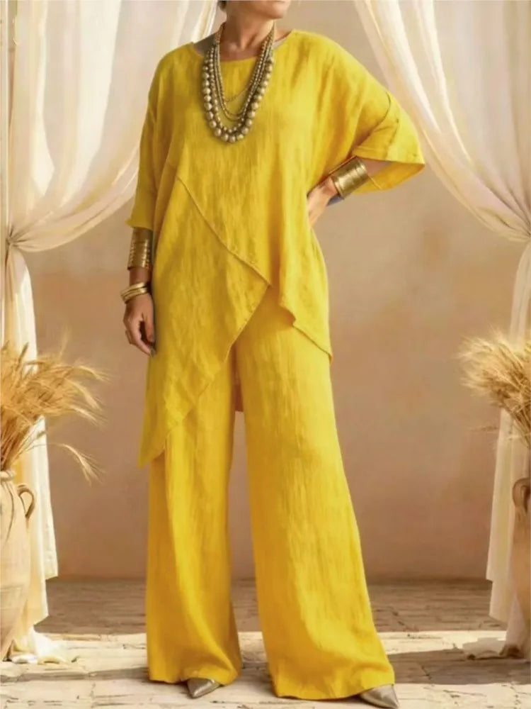 2026 Fashion Loose Women's Matching Sets Casual Half Sleeve Loose Tops And Wide Leg Pants 2 Piece Outfits Woman