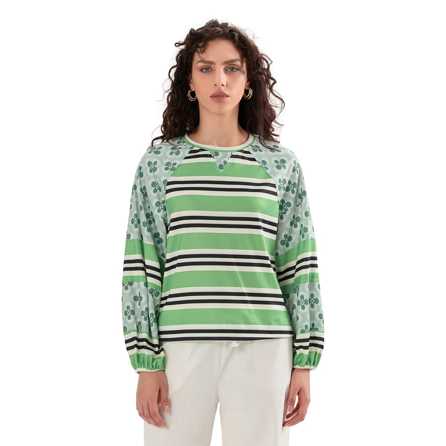 Loose Knitted Tops Women Contrast Color Stripe Floral Print Long Sleeve Pullovers Fall Winter Casual Jumpers