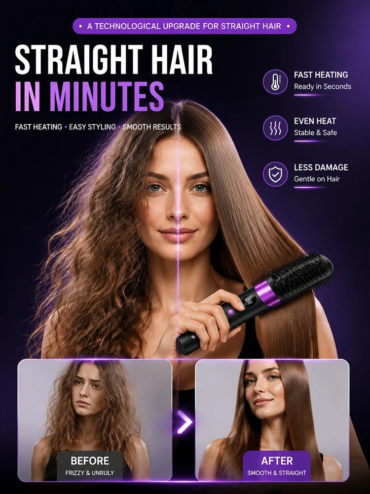 Hair Straightener Brush USB Rechargeable with LCD Display Ceramic Comb for Smooth Hair Styling at Home and Travel