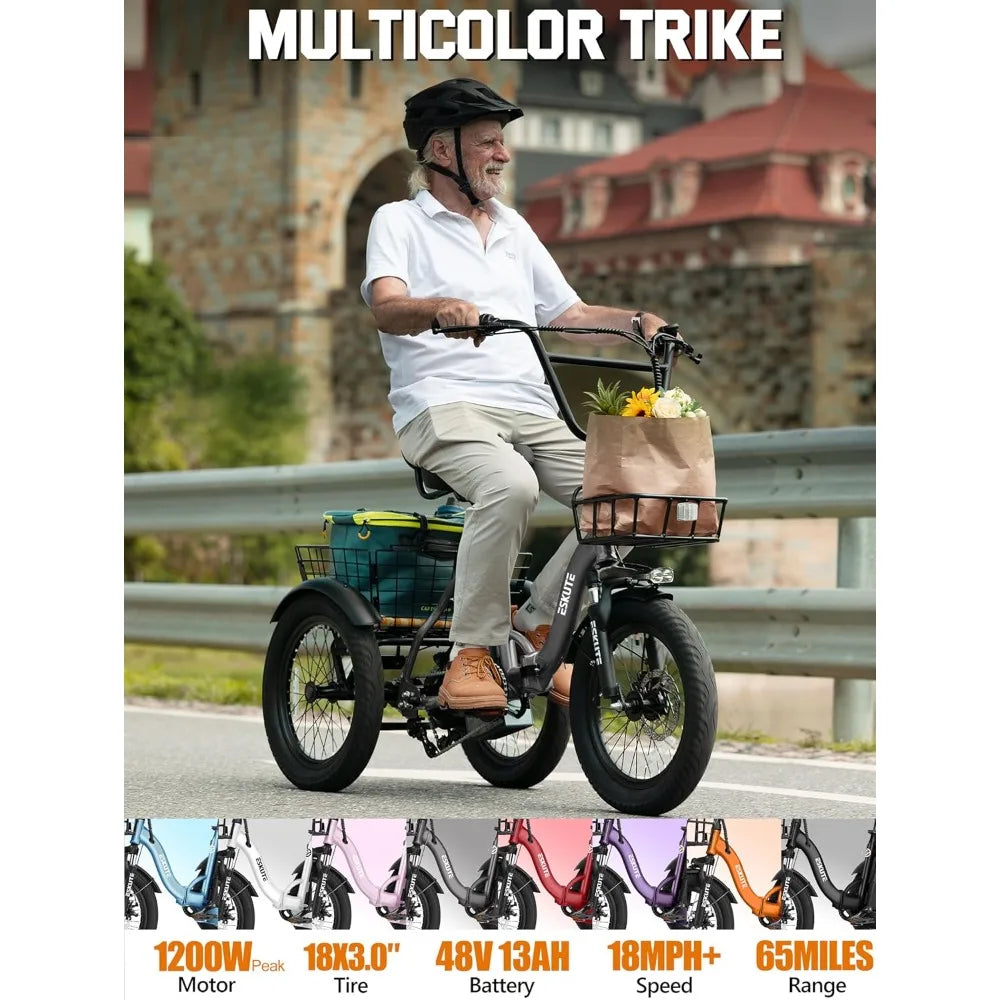Folding 3 Wheel Electric Bike 1200W Motor 624Wh Battery 18MPH Adult Fat Tire Tricycle