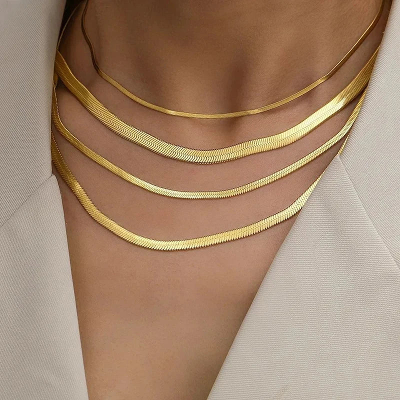 Hot Classic Unisex Flat Snake Chain Choker Necklace For Women Stainless Steel Herringbone Gold Silver Color Fashion Jewelry Gift