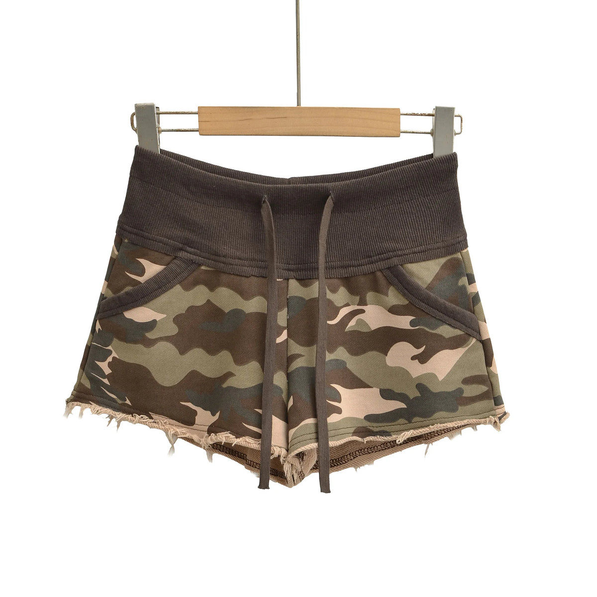 New American Style Camouflage Shorts Washed Frayed Drawstring Elastic Waist Patchwork Sexy Bodycon Hot Pants Shorts Elegant IHOH