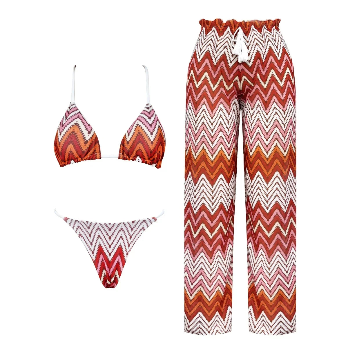 3Pcs Striped Bikini 2026 Bandeau Biquini Women Sexy Swimsuit Push Up Swimwear Female Mesh Pants Bathing Suit Cover Up Beachwear