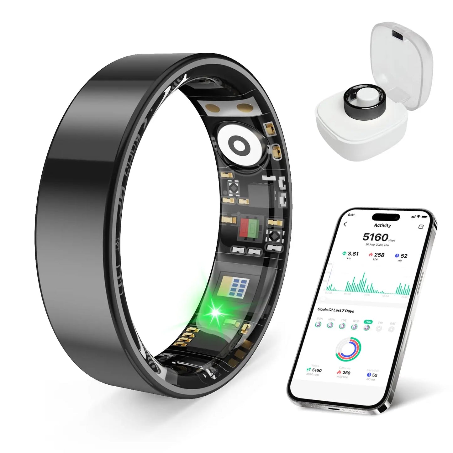 Smart Ring Health Tracker iOS Android IP68 Waterproof No Subscription