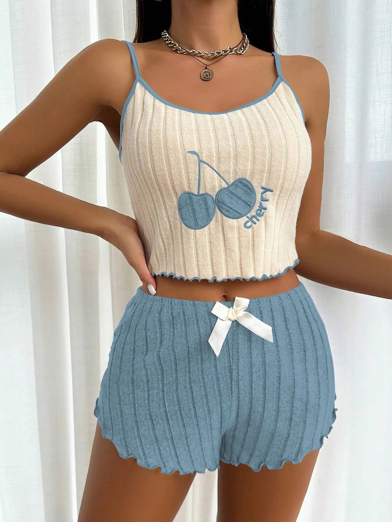 Summer Women Casual 2pcs Pajamas Set Wool Halter Vest Tops and Shorts Sets Home Wear Sleepwear Loungerwear