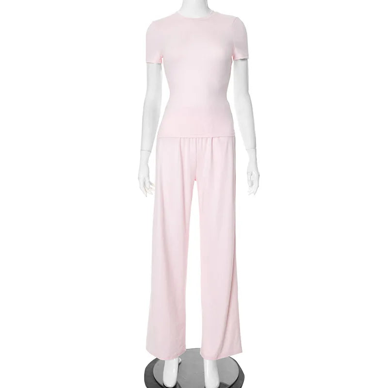 Casual Long Pants Suits Women O-neck Short Sleeve T-shirt Elastic Waist Trousers Set Spring Summer Solid Lady Household Clothes
