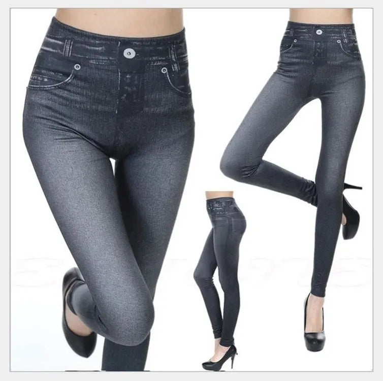 1pcs Women's Denim Print Leggings Females Fashion Slim Leggings Faux