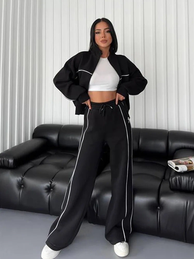 2026 New Cross-Border European American Amazon Casual Set: Long-Sleeve Semi-High-Neck Cardigan Sweatshirt With Tie And Striped