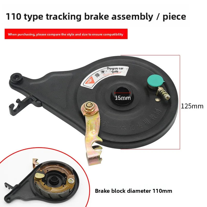 Electric scooter with 110-volt motor and integrated rear brake, electric motorcycle drum brake, tensioning assembly.