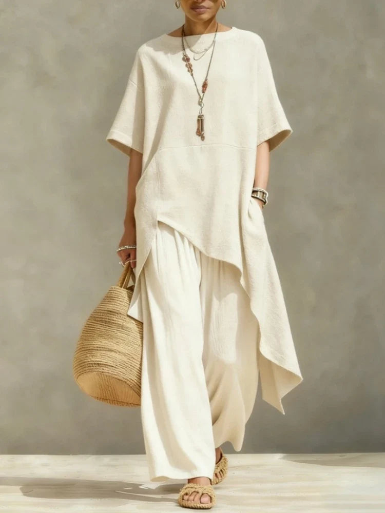 Women Cotton Linen Pant Sets 2 Pieces Casual Half Sleeve Solid Loose Irregular Blouse Elastic Waist Wide Leg Full Trousers Suits