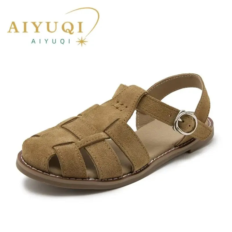 AIYUQI Flat-soled Retro Genuine Leather Hollow Baotou Sandals Women's 2026 New Hollow Pig Cage Women's Sandals
