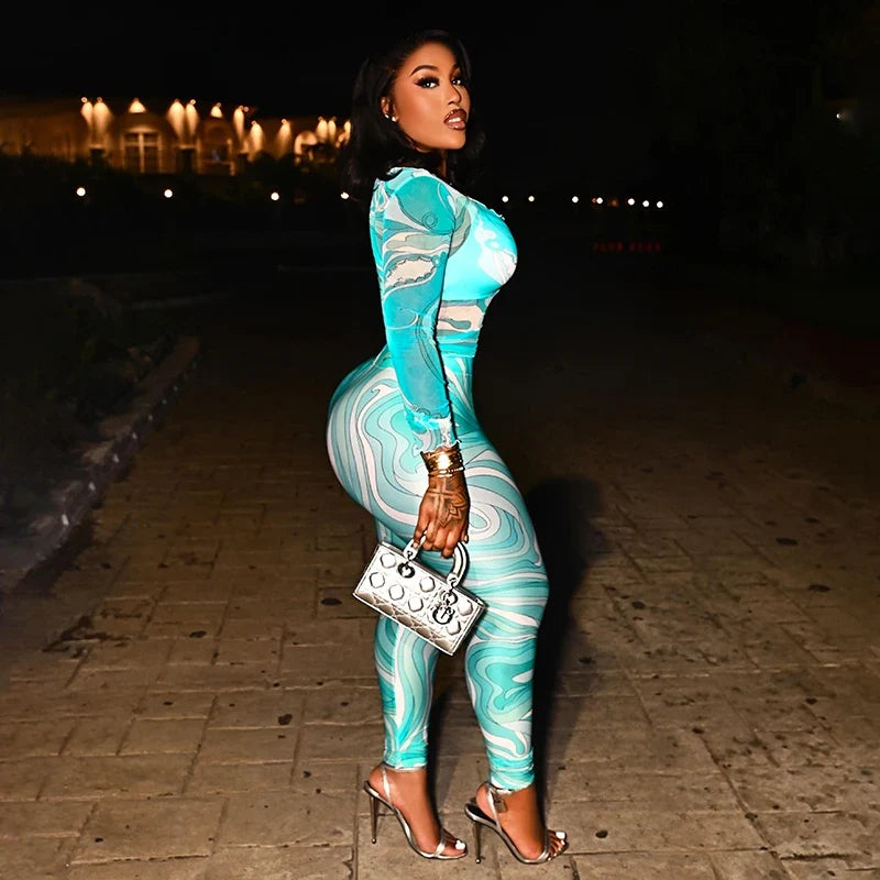 Mesh see through long sleeved top, tight pants, vortex print two-piece set