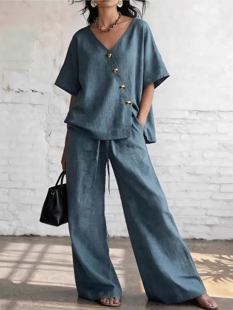 2026 Casual Cotton Loose Pants Sets Women Summer Fashion Short Sleeve V-neck Tops And Wide Leg Pant 2 Piece Set Woman Outfits