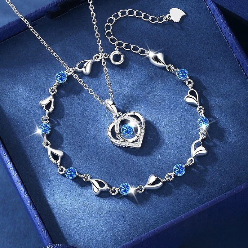 925 Sterling Silver Heart Shaped Necklace Bracelet Set for Women