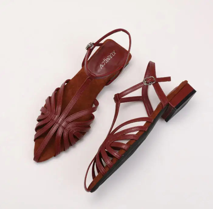 ZAROY Women Roman Sandals Summer Low Heel Ankle Strap Buckle Sandals Pointed Toe Hollowed Out T-strap Sandalias сандали