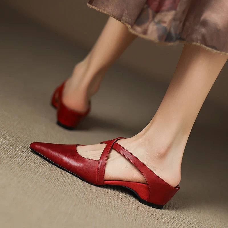 2026 New Summer Women Mules Genuine Leather Women Shoes Pointed Toe Low Heel Cover Toe Slingback Modern Slippers Ladies Shoes