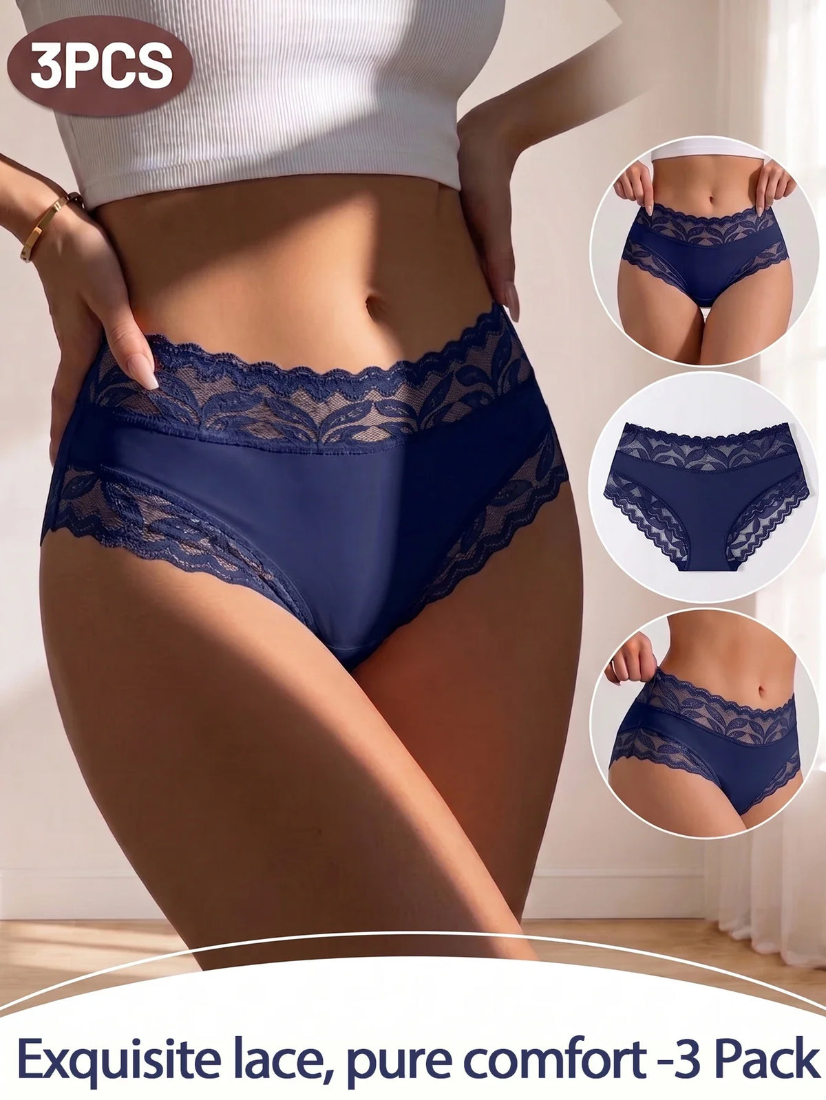 Premium 3-Piece Lace Panties Set – Breathable High-Waist Briefs for Women