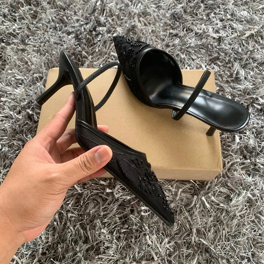 Black Embroidered Mesh Slingback High Heels Sandals for Women Designer Shoes Woman Elegant Style Wedding Party Pumps