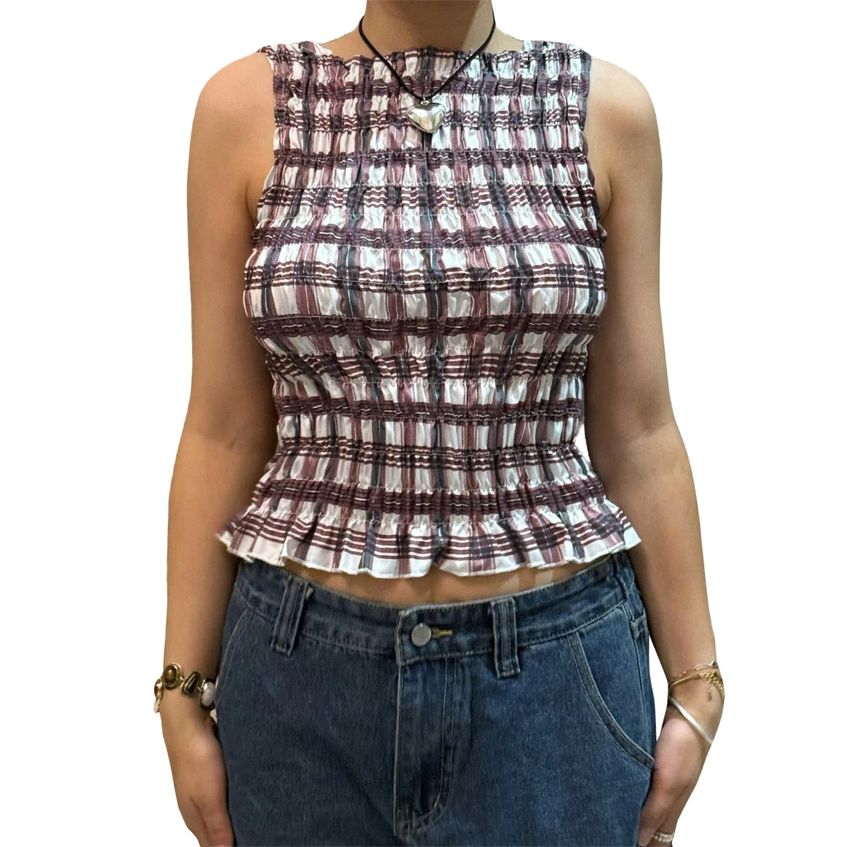 Women Summer Smock Tank Tops Casual Fashion Ruffle Hem Plaid Print Sleeveless Shirt Basic Vest Streetwear