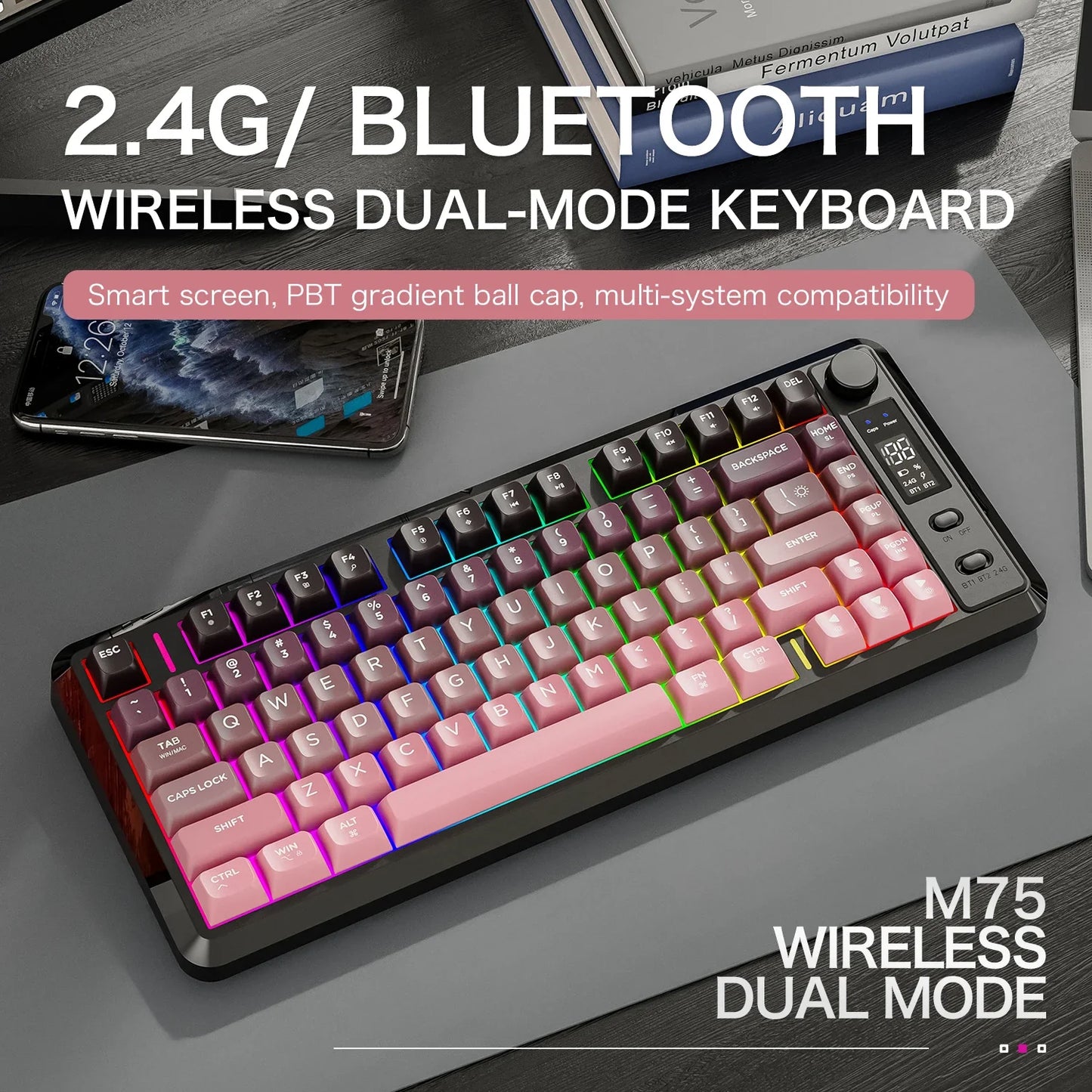 FREEWOLF M75 Wireless Keyboard, Bluetooth Dual-mode, PBT Gradient Ball Cap, With Display Screen, Gaming Keyboard