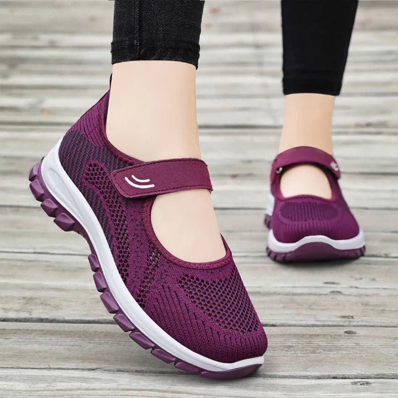 Summer Ladies Breathable Mesh Sport Shoes Lightweight Velcro Slip On Thick Sole Non Slip Elderly Women Walking Casual Sneakers